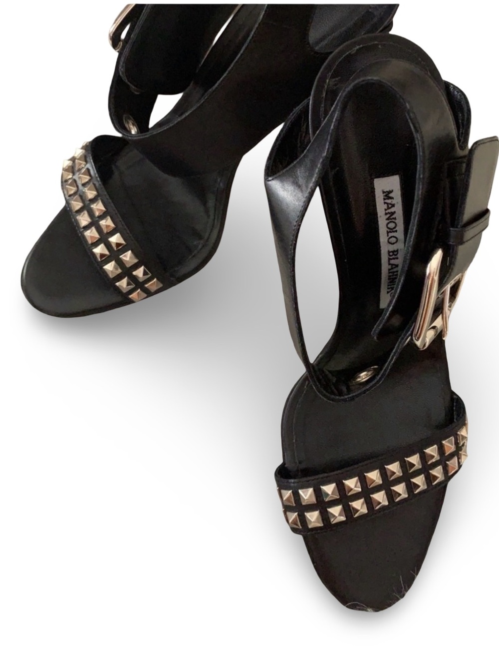 Manolo Blahnik Black Studded Leather Buckle Ankle Strap Sandals, 38 - Picture 3 of 16